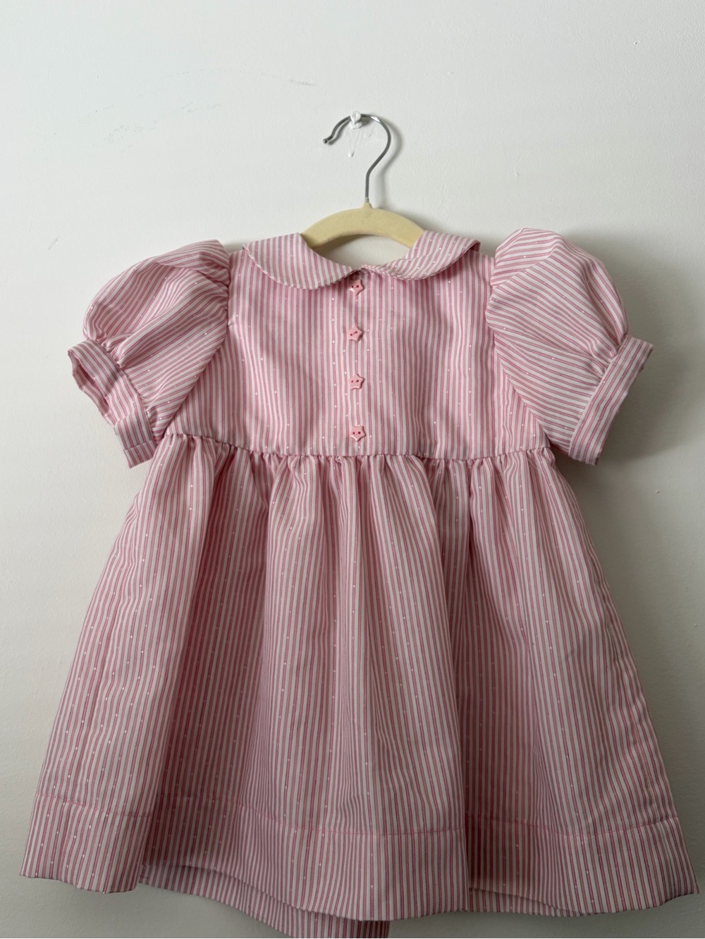 VINTAGE HOMEMADE Pink Striped Puff-Sleeve Girls Dress